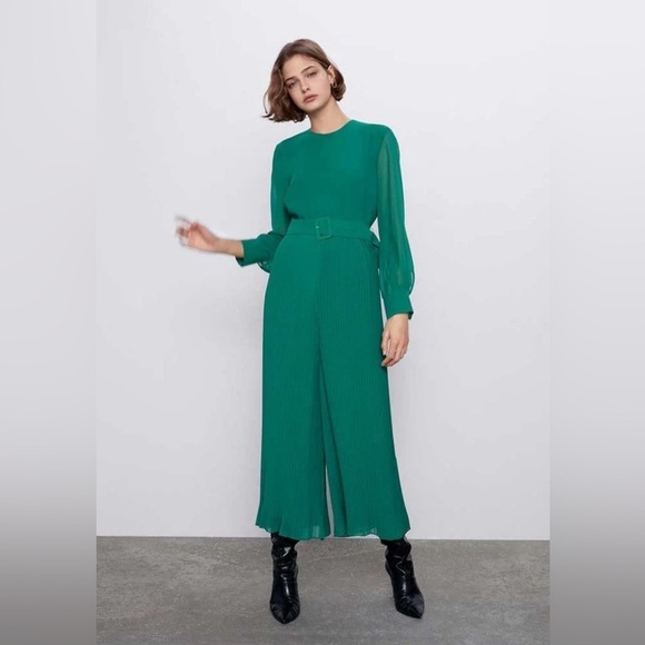 Zara Pants - Zara Emerald Green Long-Sleeve Pleated Jumpsuit with Belt